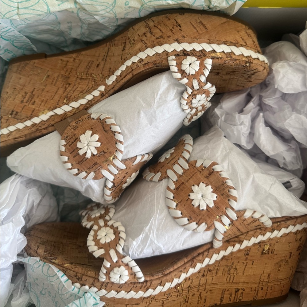 Jack Rogers Leigh Cork White Women's Wedge Sandals - Brown and White with Gold